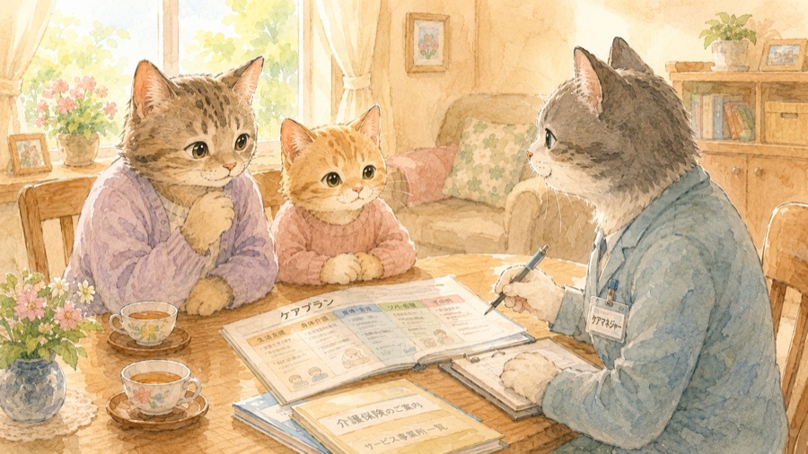 家のテーブルでケアマネジャーの猫と家族の猫が相談するイラスト