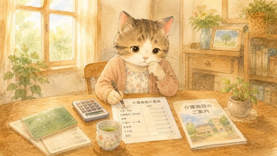 電卓と通帳で介護施設の費用を計算する猫のイラスト