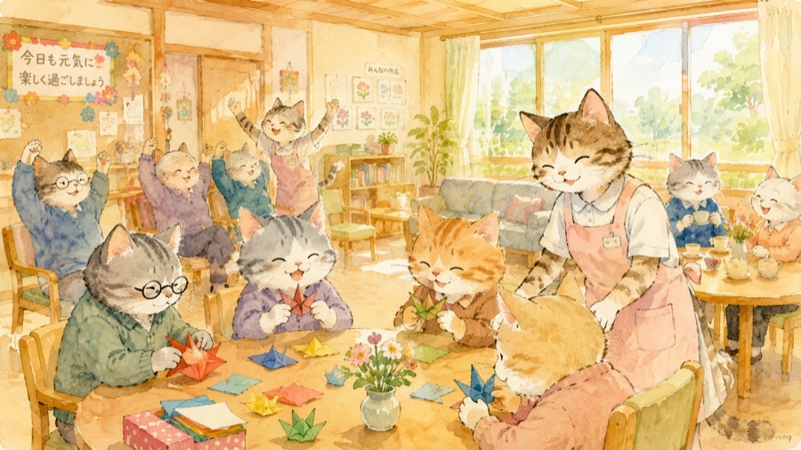 デイサービスで折り紙や体操を楽しむ猫たちのイラスト