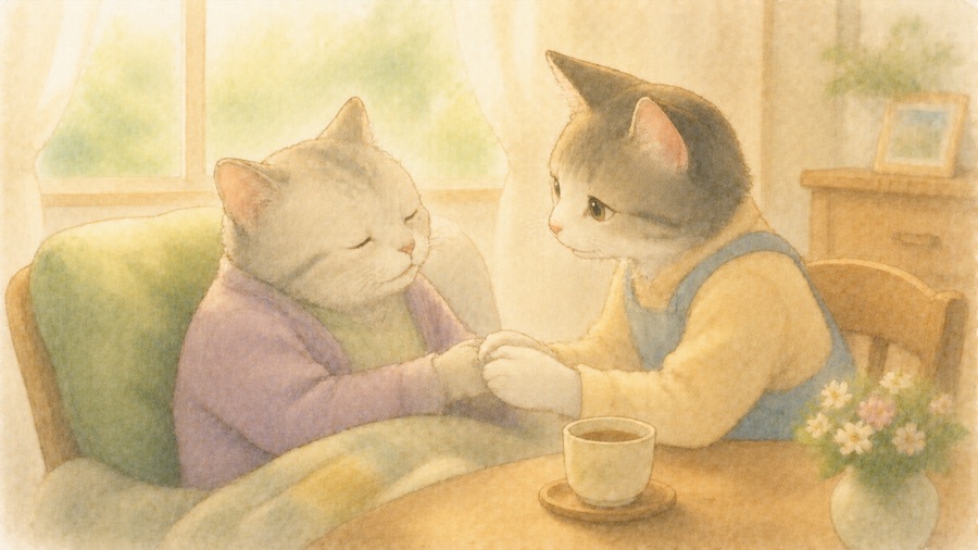 年老いた猫に寄り添い手を握る若い猫のイラスト