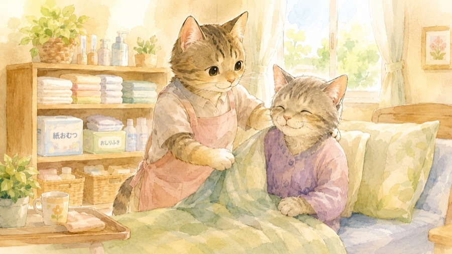 介護士の猫がお年寄りの猫をやさしくケアするイラスト