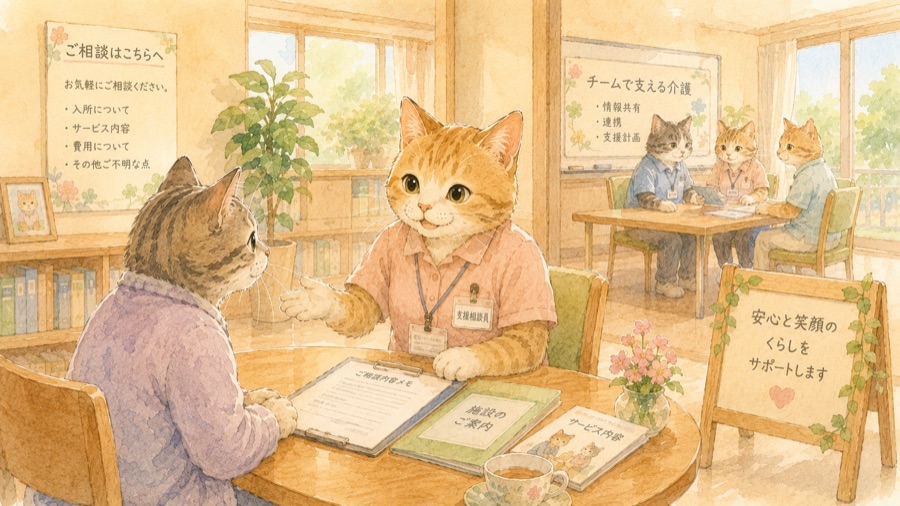 施設の相談室で支援相談員の猫が家族の猫と面談するイラスト