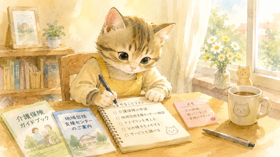 介護のやることリストを書き出す猫のイラスト