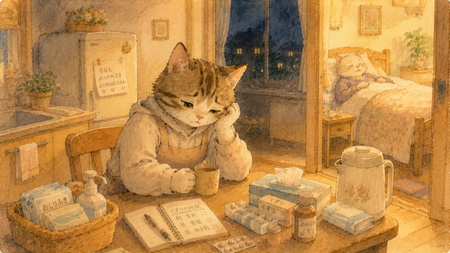 夜の台所で一息つく、在宅介護をがんばる猫のイラスト