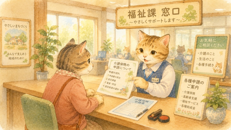 市役所の福祉課窓口で介護保険の申請を相談する猫のイラスト
