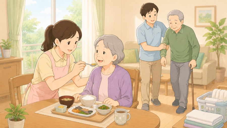 食事介助と歩行介助のイラスト