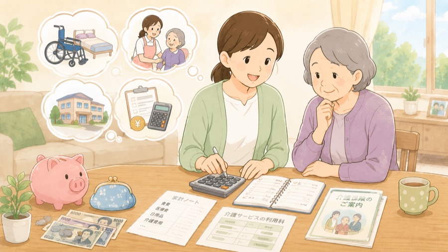 親子で介護のお金を計算するイラスト