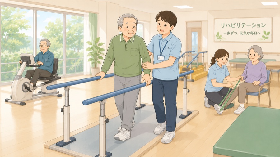 平行棒で歩行リハビリをするイラスト