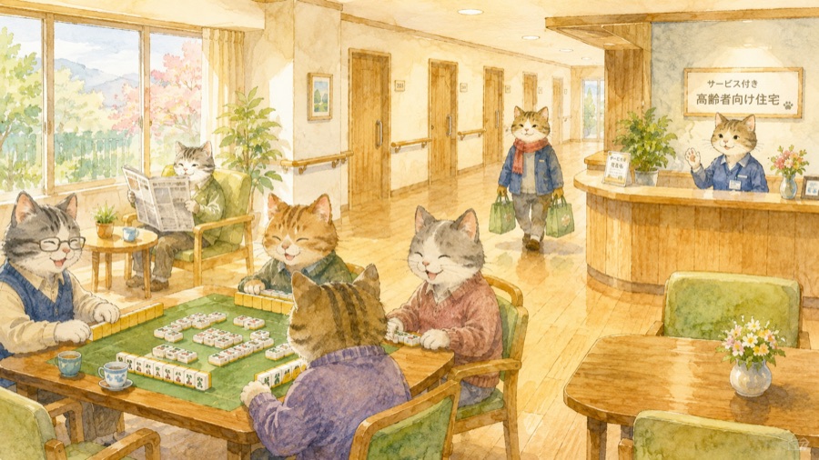 サービス付き高齢者向け住宅で麻雀や新聞を楽しむ猫たちと買い物から帰る猫のイラスト