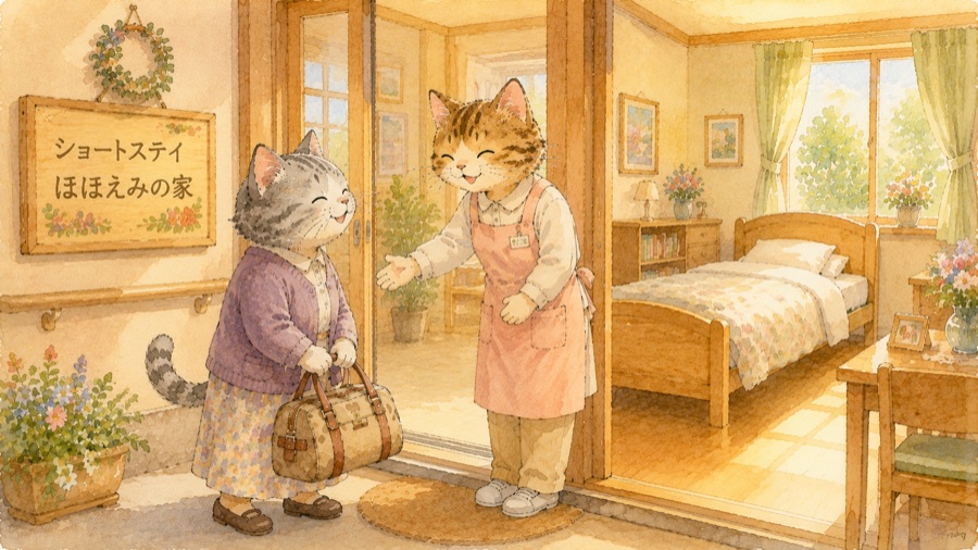 ショートステイの施設でバッグを持って迎えられるお年寄りの猫のイラスト