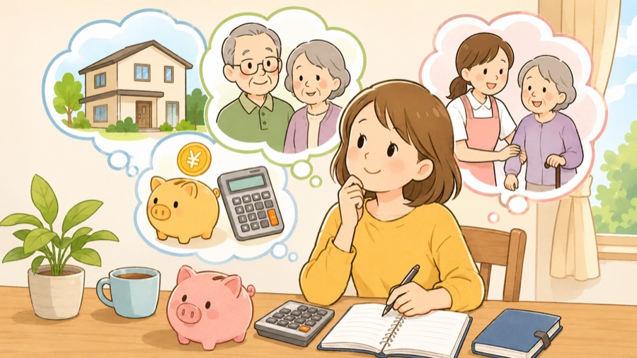 在宅介護と施設の間で悩む女性のイラスト