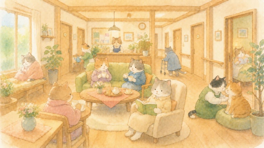 小さなグループで暮らす猫たちの介護ホームのリビングのイラスト