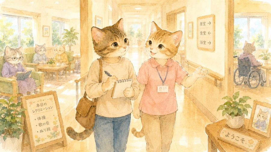 施設見学でメモを取りながら職員の案内を受ける猫のイラスト